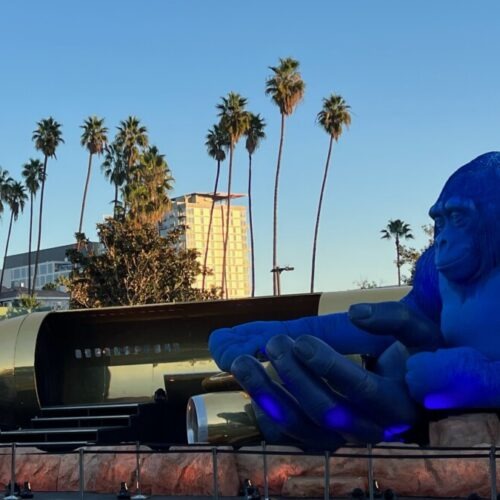 Blue Gorilla next to a hollow plane on eighteentwentysix's stage